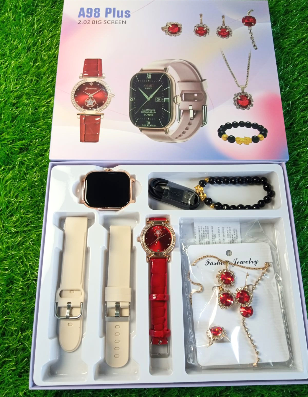 A98 Plus Smartwatch Gift Set | 2.02" Big Screen, Interchangeable Straps, Analog Watch & Jewelry Combo