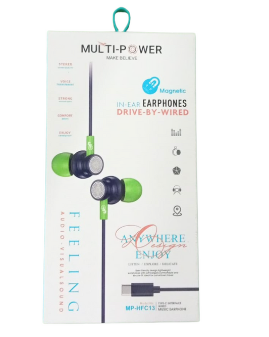 Multipower HFC13 Type-C Earphones – Deep Bass, Clear Sound, Comfortable Fit, Built-in Mic, 1.2m Cable