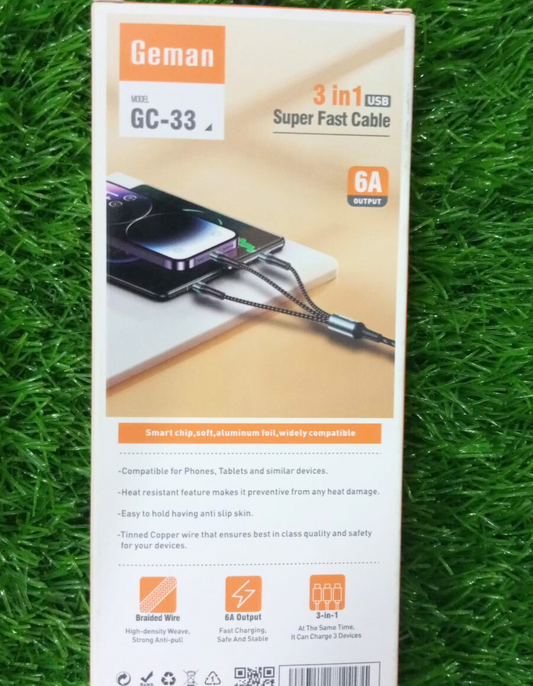 Geman GC-33 3-in-1 Fast Charging Cable – 6A Output, 1200mm Nylon Braided, Durable Metal Shell, Universal Compatibility