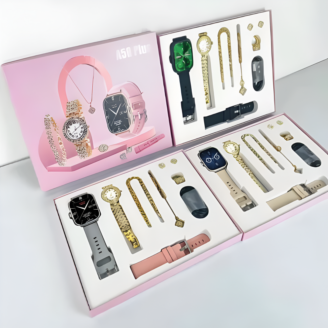 Hot Sale A58 Plus Smartwatch Suit ⌚ | Smart Gold Watch + Necklace + Bracelet + Ring 💍 | Women’s Luxury Digital Gift Set 🎁 | Fitness & Activity Tracker, Call/Message Reminder 📱