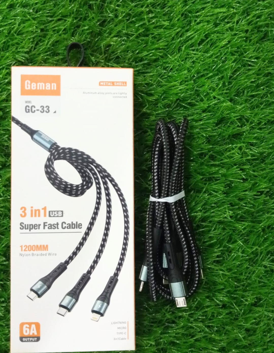 Geman GC-33 3-in-1 Fast Charging Cable – 6A Output, 1200mm Nylon Braided, Durable Metal Shell, Universal Compatibility