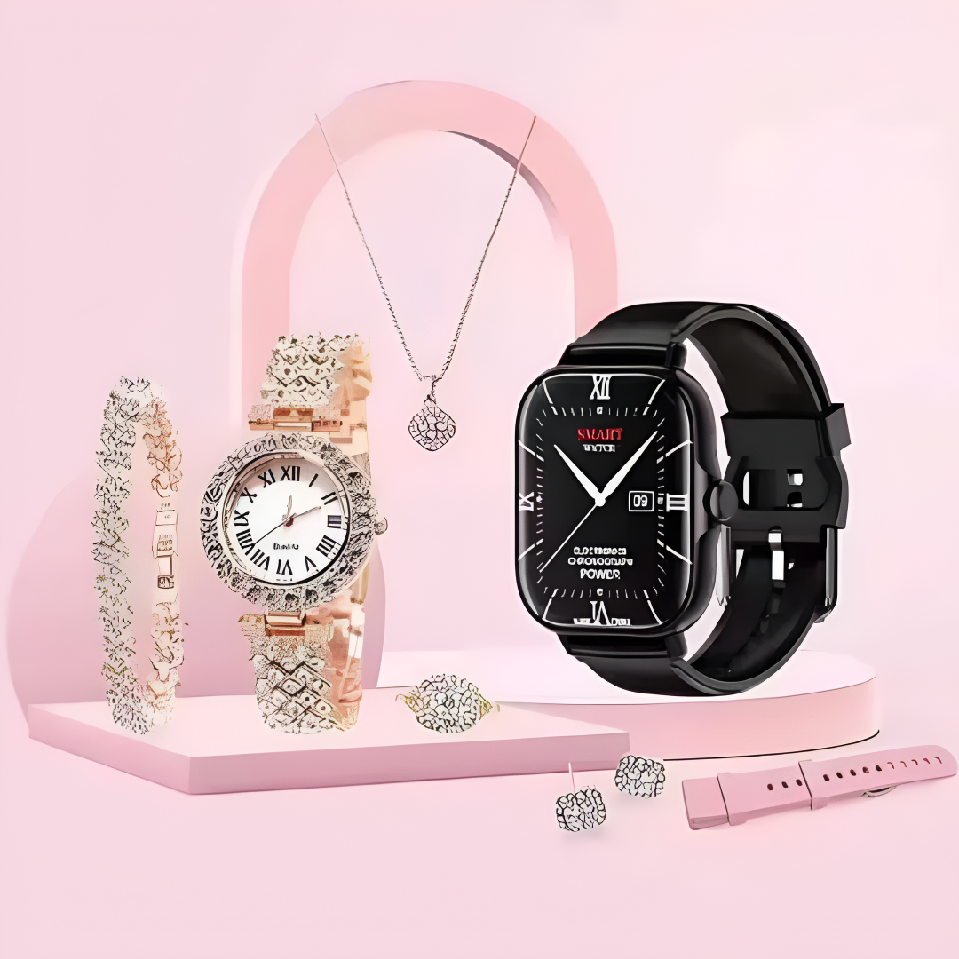 Hot Sale A58 Plus Smartwatch Suit ⌚ | Smart Gold Watch + Necklace + Bracelet + Ring 💍 | Women’s Luxury Digital Gift Set 🎁 | Fitness & Activity Tracker, Call/Message Reminder 📱