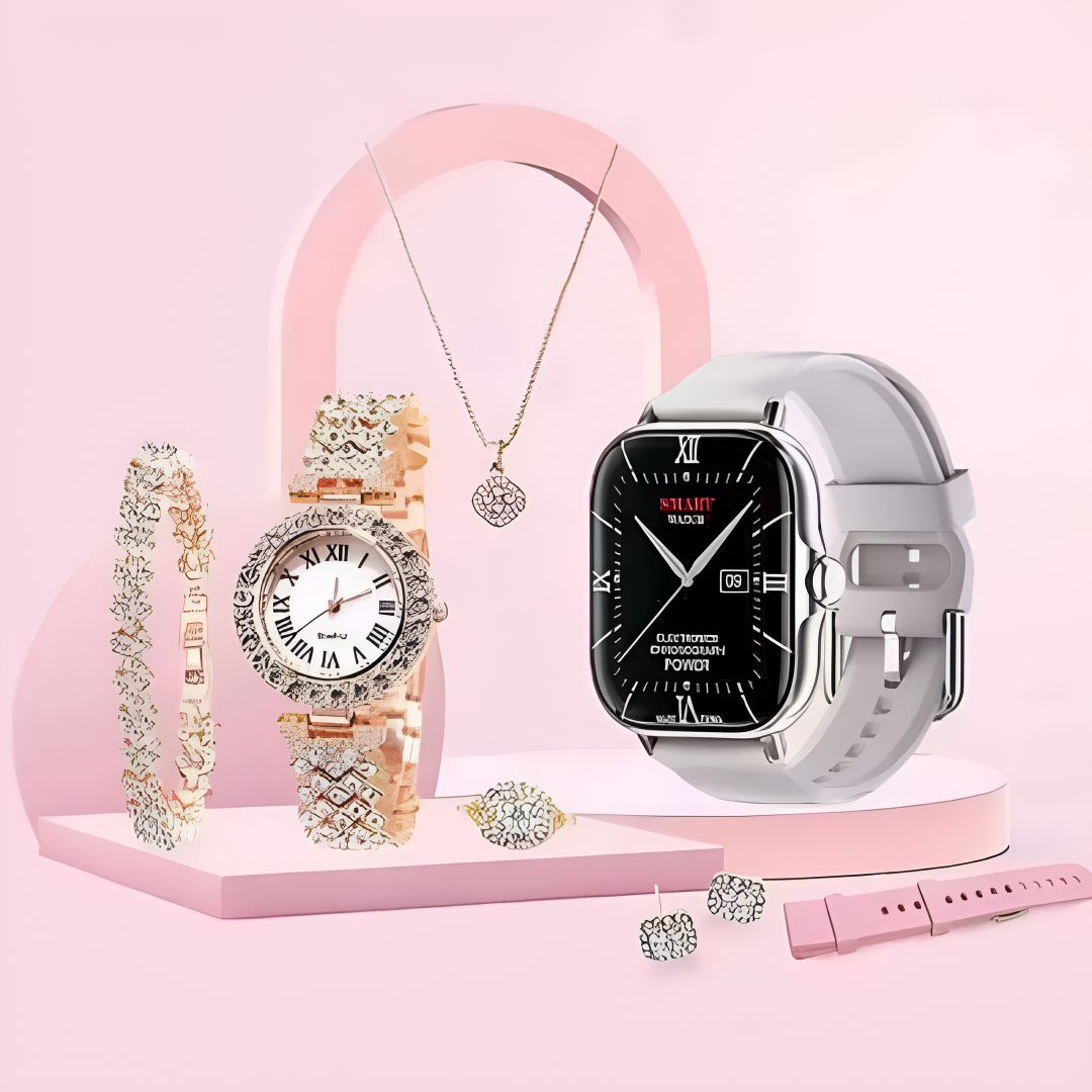 Hot Sale A58 Plus Smartwatch Suit ⌚ | Smart Gold Watch + Necklace + Bracelet + Ring 💍 | Women’s Luxury Digital Gift Set 🎁 | Fitness & Activity Tracker, Call/Message Reminder 📱