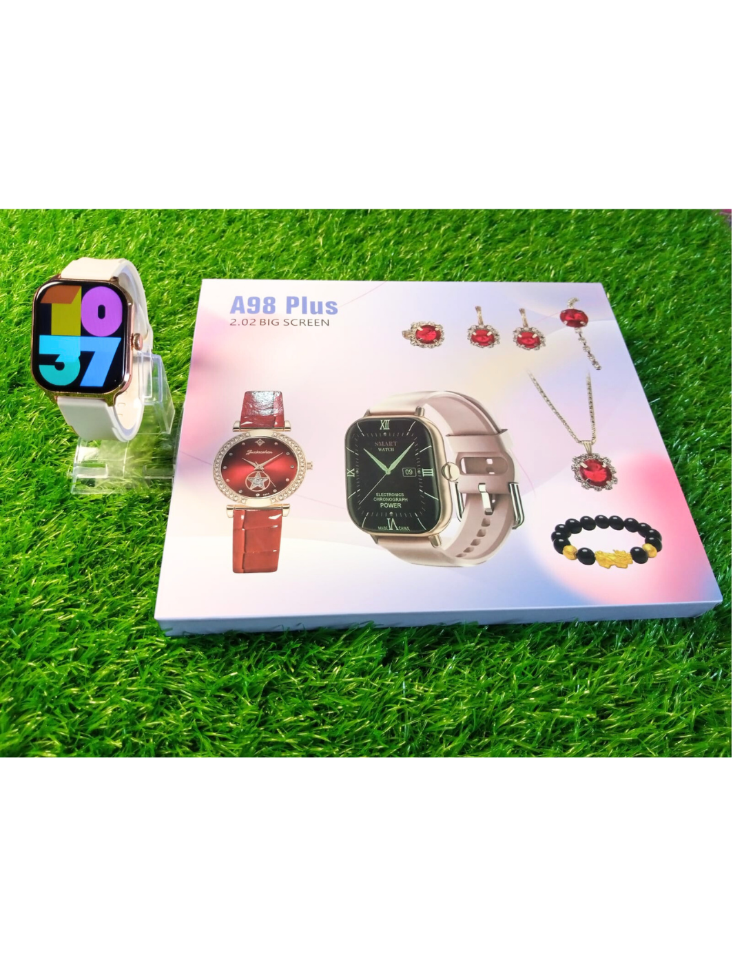 A98 Plus Smartwatch Gift Set | 2.02" Big Screen, Interchangeable Straps, Analog Watch & Jewelry Combo