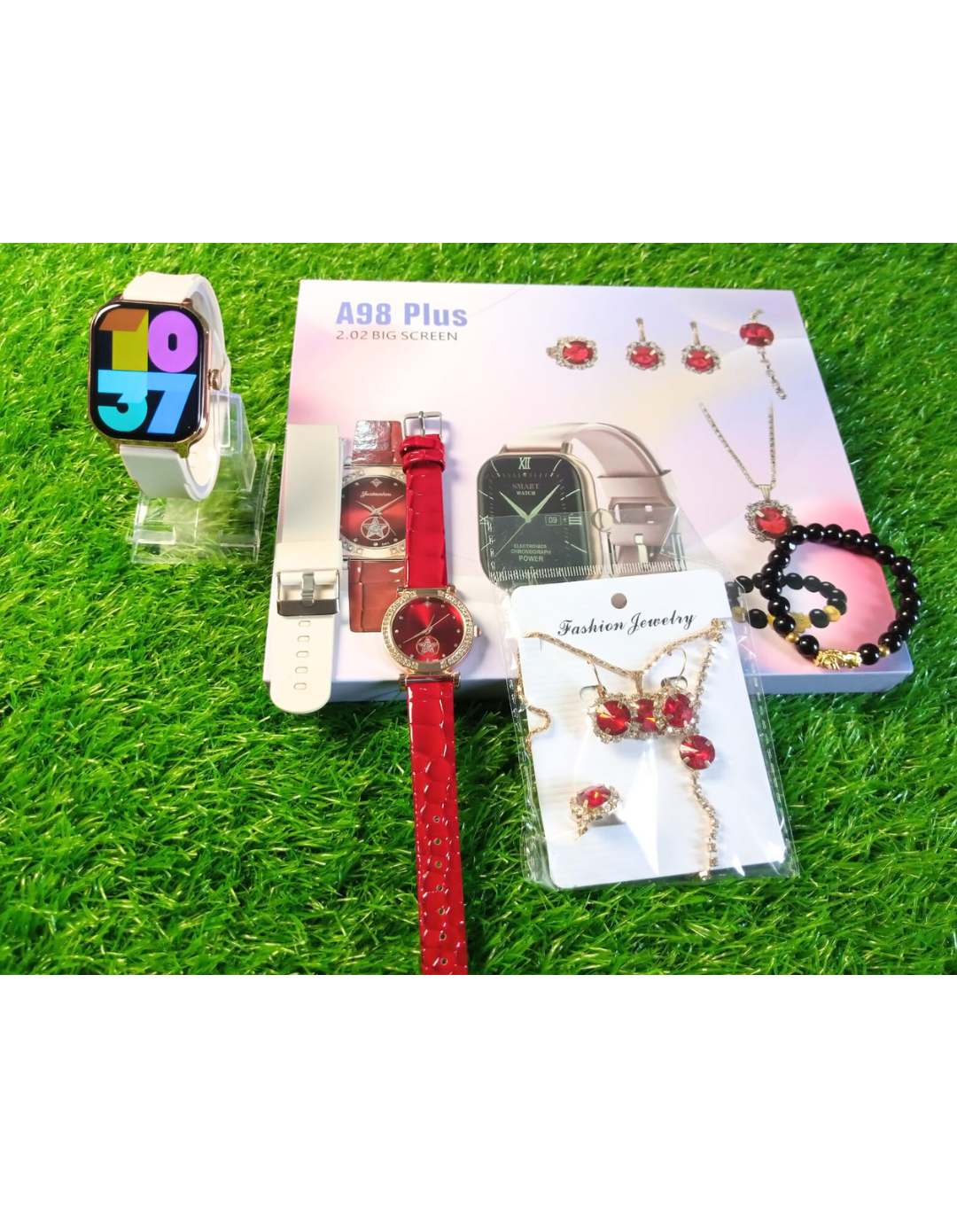 A98 Plus Smartwatch Gift Set | 2.02" Big Screen, Interchangeable Straps, Analog Watch & Jewelry Combo