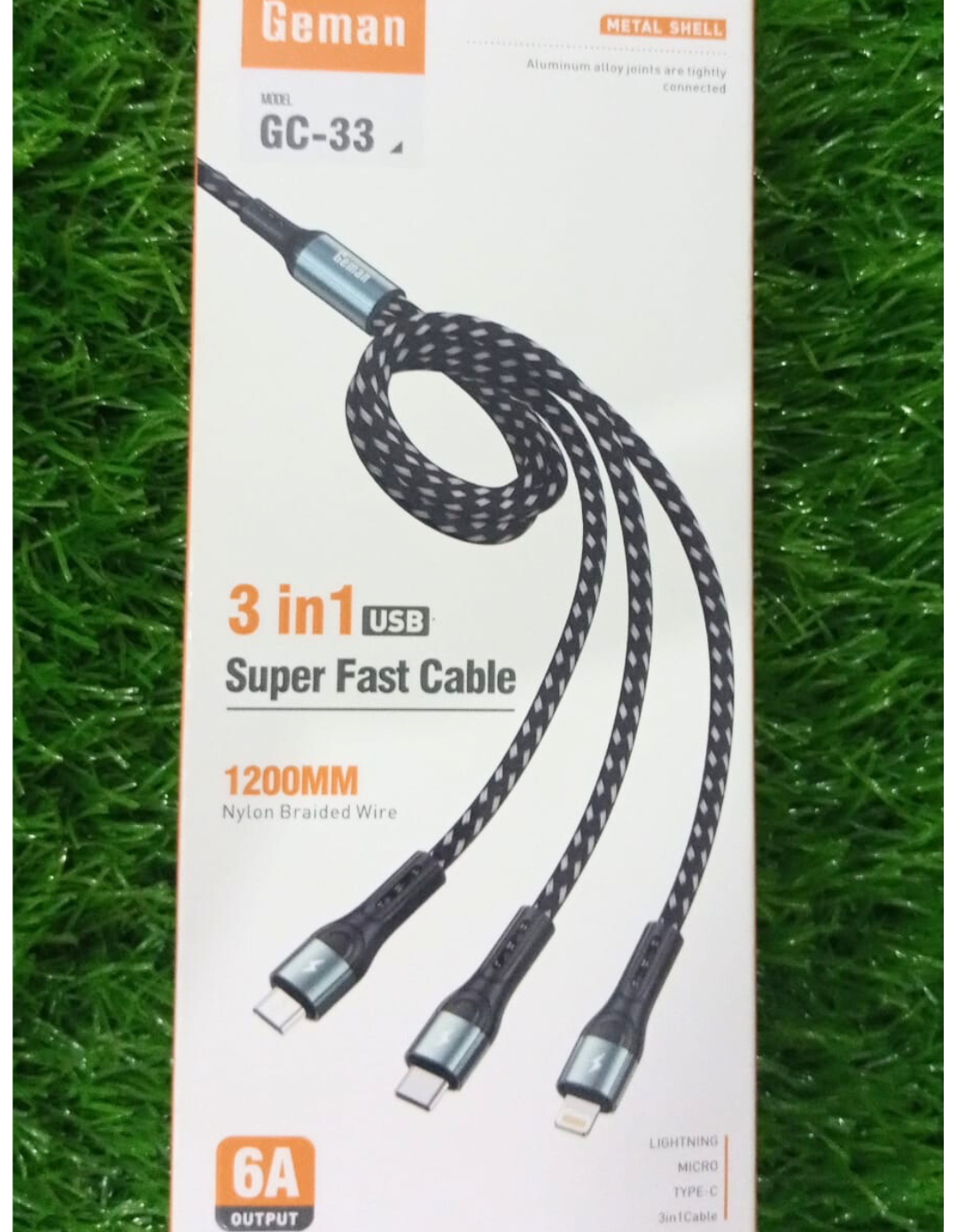 Geman GC-33 3-in-1 Fast Charging Cable – 6A Output, 1200mm Nylon Braided, Durable Metal Shell, Universal Compatibility