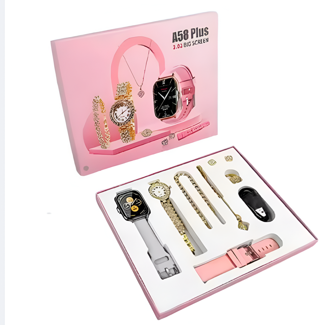 Hot Sale A58 Plus Smartwatch Suit ⌚ | Smart Gold Watch + Necklace + Bracelet + Ring 💍 | Women’s Luxury Digital Gift Set 🎁 | Fitness & Activity Tracker, Call/Message Reminder 📱