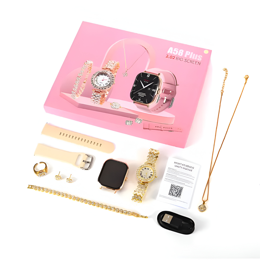 Hot Sale A58 Plus Smartwatch Suit ⌚ | Smart Gold Watch + Necklace + Bracelet + Ring 💍 | Women’s Luxury Digital Gift Set 🎁 | Fitness & Activity Tracker, Call/Message Reminder 📱