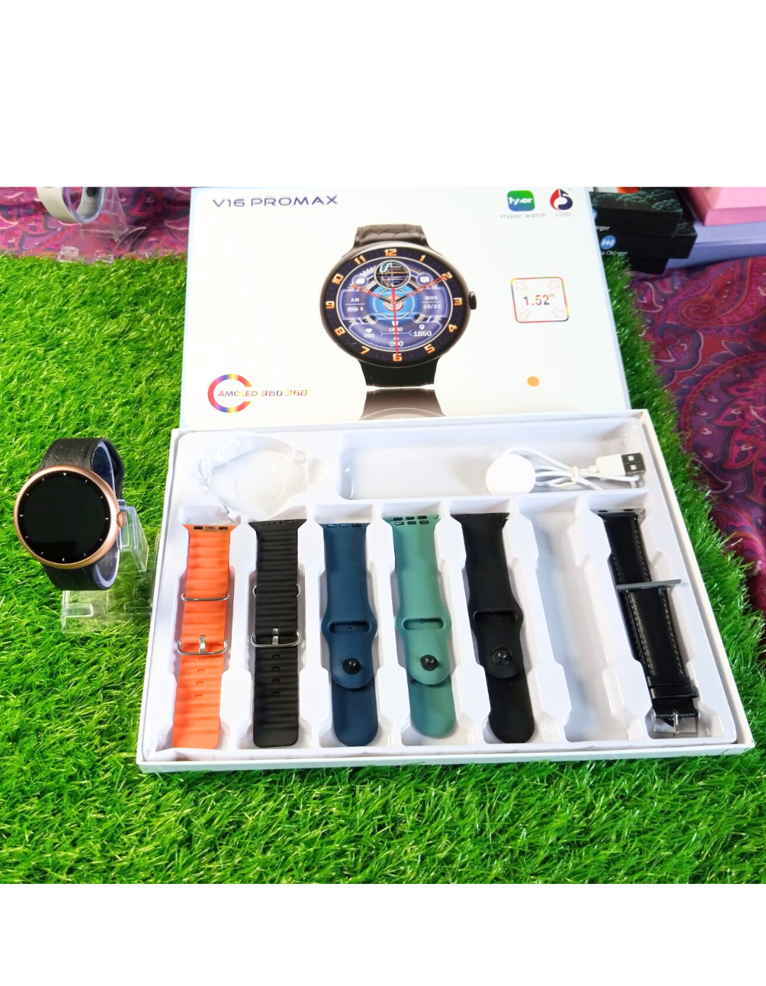2025 V16 Pro Max Smart Watch | 7-in-1 Round Dial, Wireless Charging, BT Calling, Fitness Tracker (Golden Edition)