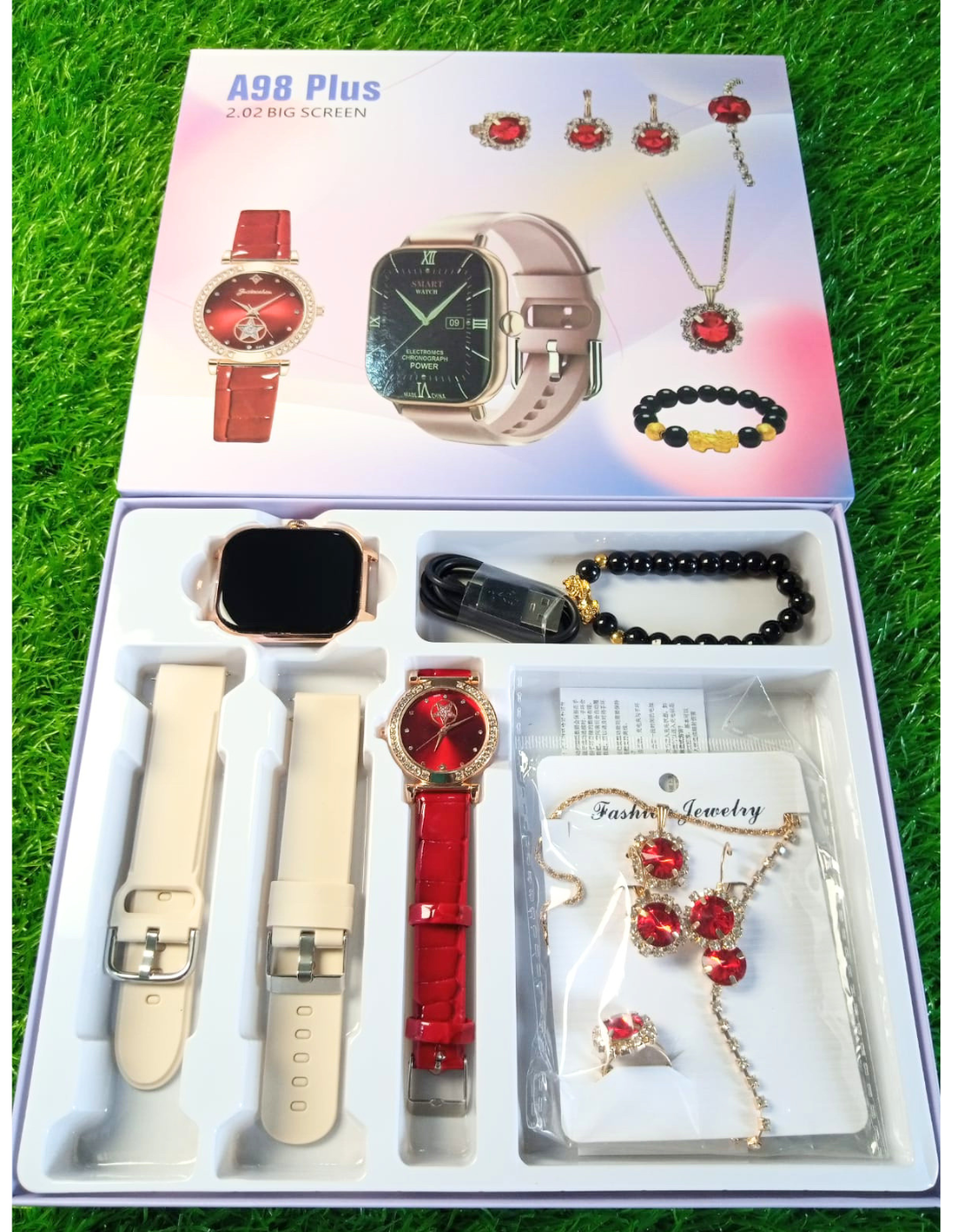 A98 Plus Smartwatch Gift Set | 2.02" Big Screen, Interchangeable Straps, Analog Watch & Jewelry Combo