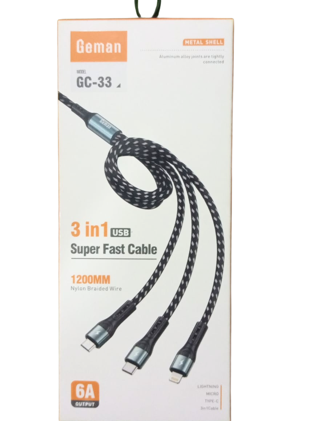 Geman GC-33 3-in-1 Fast Charging Cable – 6A Output, 1200mm Nylon Braided, Durable Metal Shell, Universal Compatibility