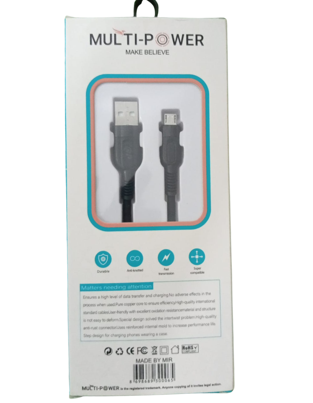 Multipower MP-C6 Micro Charging Cable – 3A Fast Charge with Smart Chip & Soft Silicon Wire
