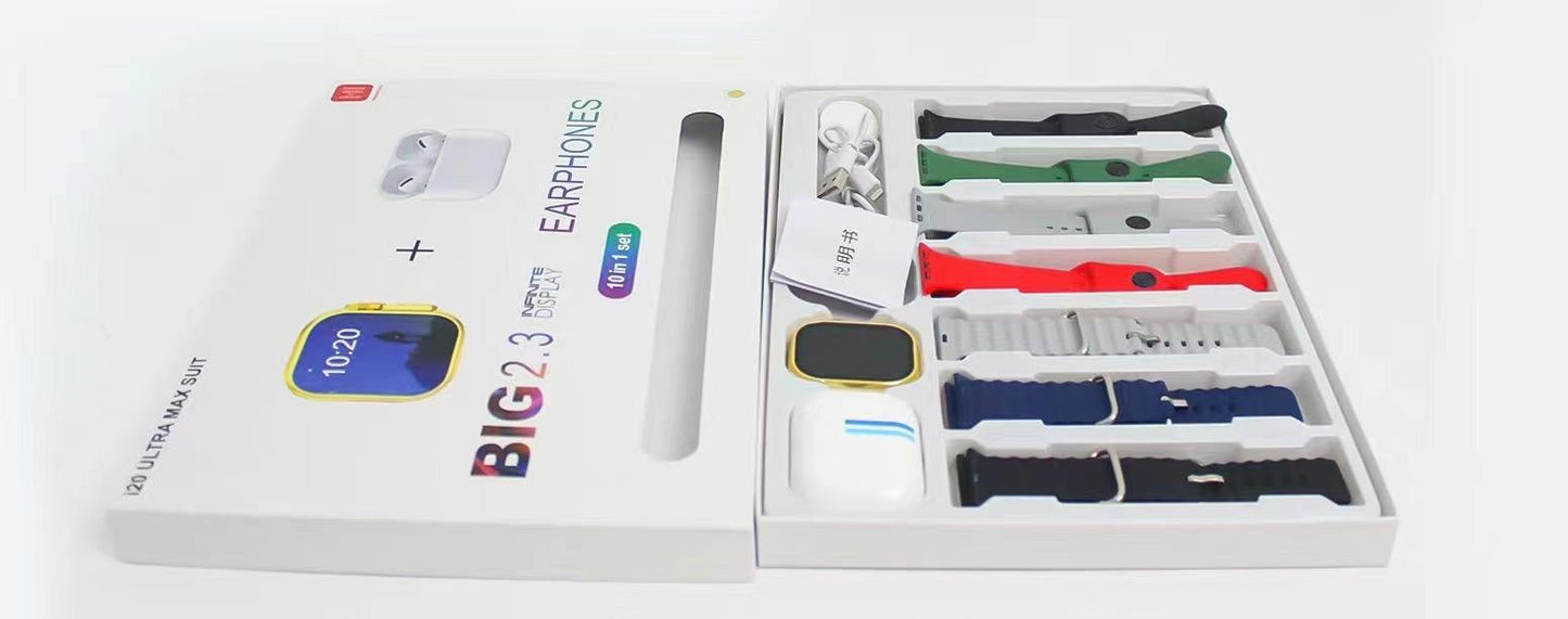 I20 Ultra Max Suit 10-in-1 Smart Watch With AirPods 🎧 | Smartwatch + Earbuds + 7 Straps