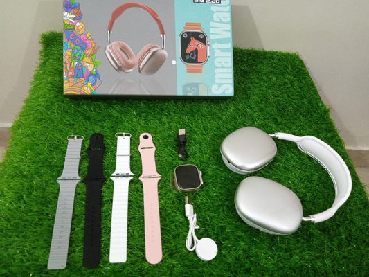 Crown C6 Ultra Smart Watch Gift Box ⌚🎧 | Full HD Display, Fitness & Notifications 🔔 | Bonus P9 Wireless Headphones 🎶 + 2 Extra Straps 🎁 | Stylish & Affordable Smartwatch Combo Set