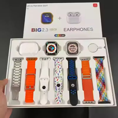 I20 Ultra Max Suit 10-in-1 Smart Watch With AirPods 🎧 | Smartwatch + Earbuds + 7 Straps