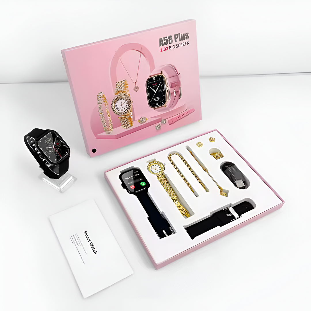 Hot Sale A58 Plus Smartwatch Suit ⌚ | Smart Gold Watch + Necklace + Bracelet + Ring 💍 | Women’s Luxury Digital Gift Set 🎁 | Fitness & Activity Tracker, Call/Message Reminder 📱