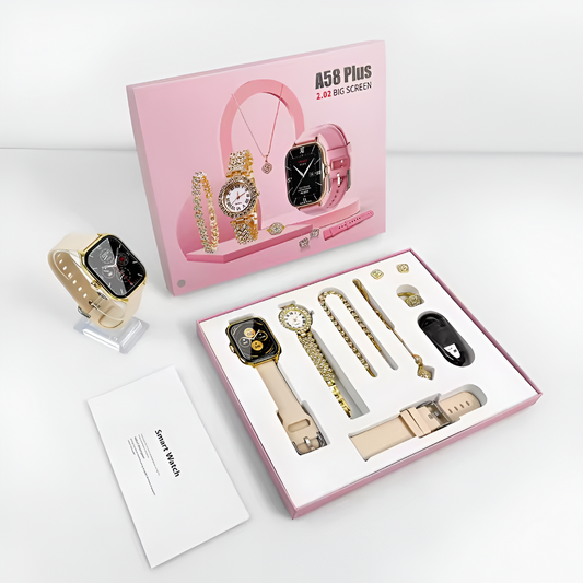 Hot Sale A58 Plus Smartwatch Suit ⌚ | Smart Gold Watch + Necklace + Bracelet + Ring 💍 | Women’s Luxury Digital Gift Set 🎁 | Fitness & Activity Tracker, Call/Message Reminder 📱