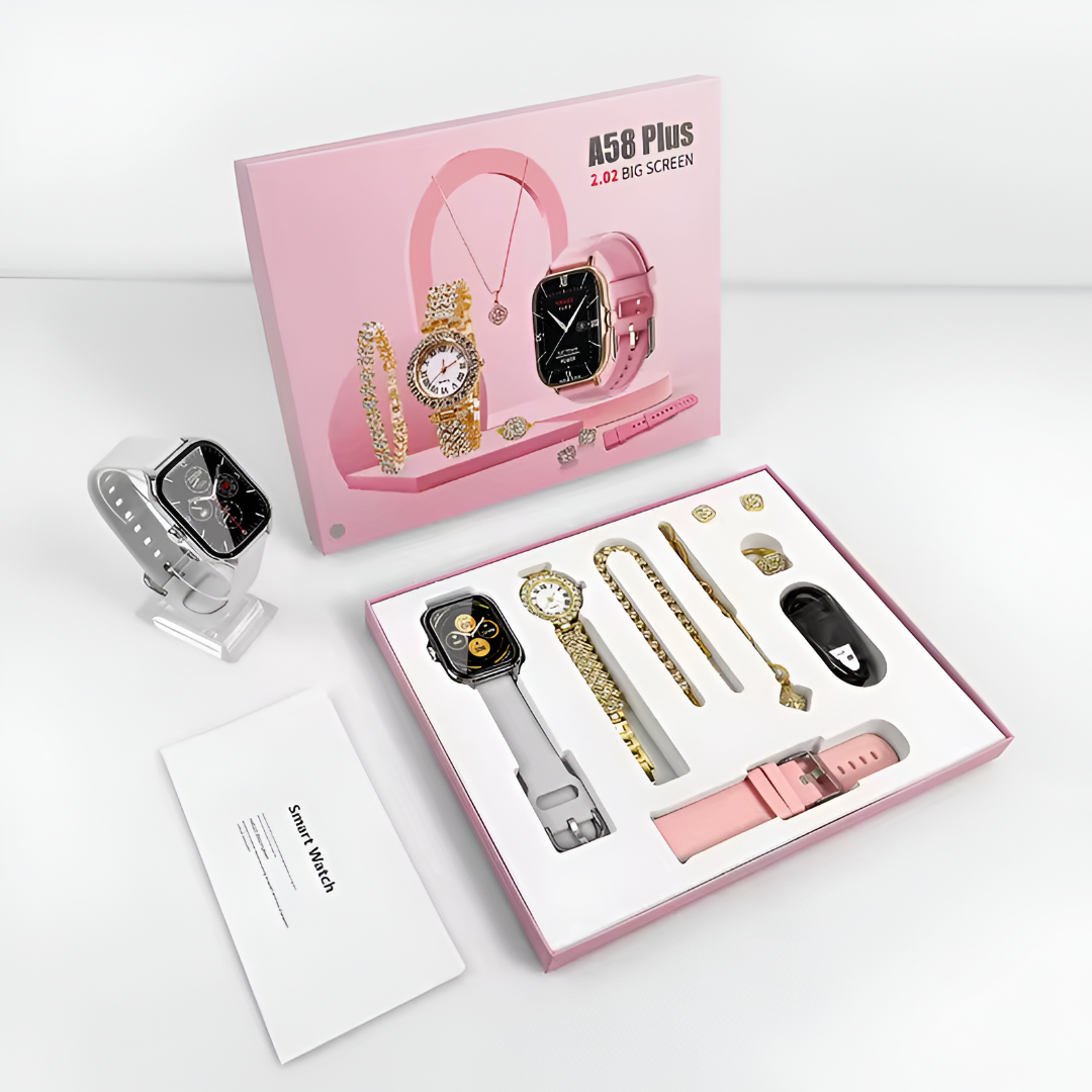 Hot Sale A58 Plus Smartwatch Suit ⌚ | Smart Gold Watch + Necklace + Bracelet + Ring 💍 | Women’s Luxury Digital Gift Set 🎁 | Fitness & Activity Tracker, Call/Message Reminder 📱